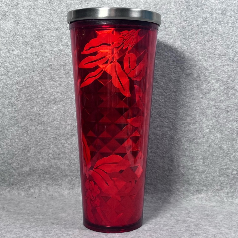 STARBUCKS Red Flowers Berries Print Cold Cup 24 Oz Tumbler No Straw Lid Silver